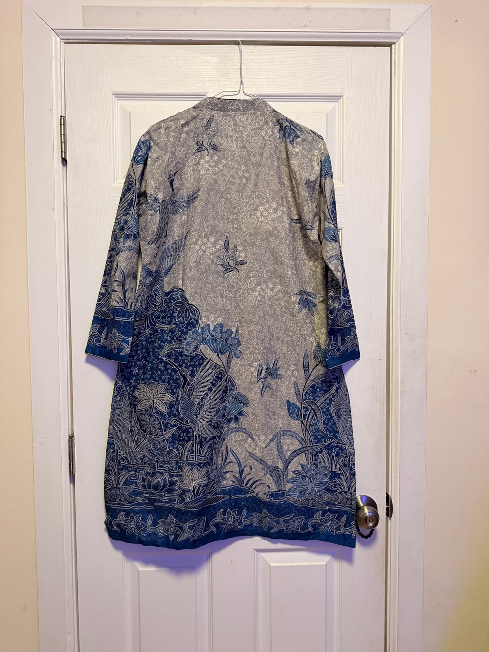 Blue & White Floral + Crane Print Midi Women's Kurti Dress - Picture 5 of 6